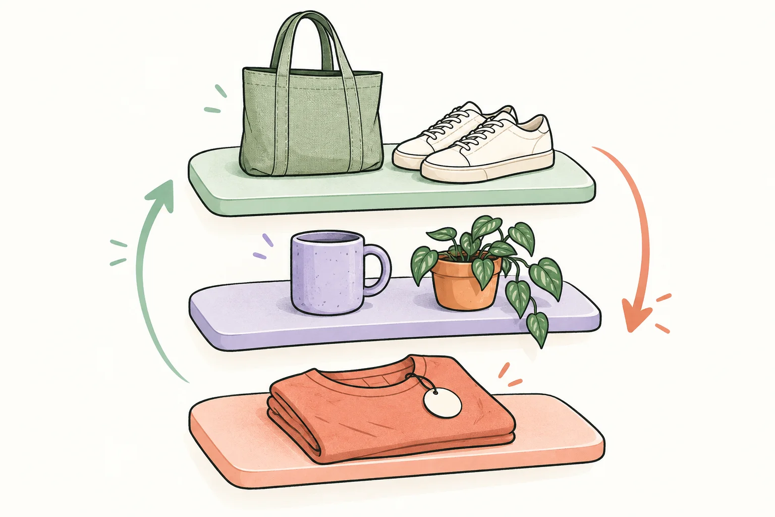 A tote, shoes, a mug and a tee arranged on colourful shelves, with arrows for sorting and returning to place.